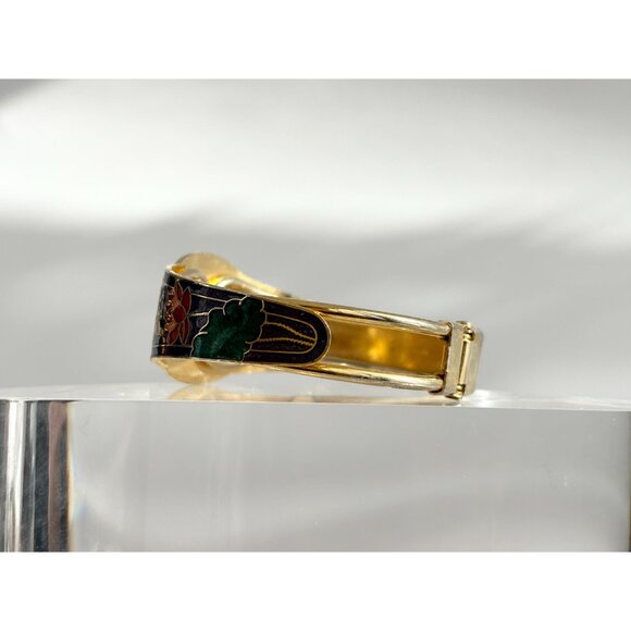 Cloisonne Enamel Floral Gold Toned Chunky Vintage Hinged Bracelet | Bangle - Picture 6 of 16